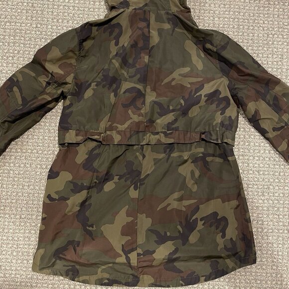 J. CREW Perfect Rain Jacket Womens Size Small Sp Green Camo Cinch Waist Hooded - Picture 3 of 8